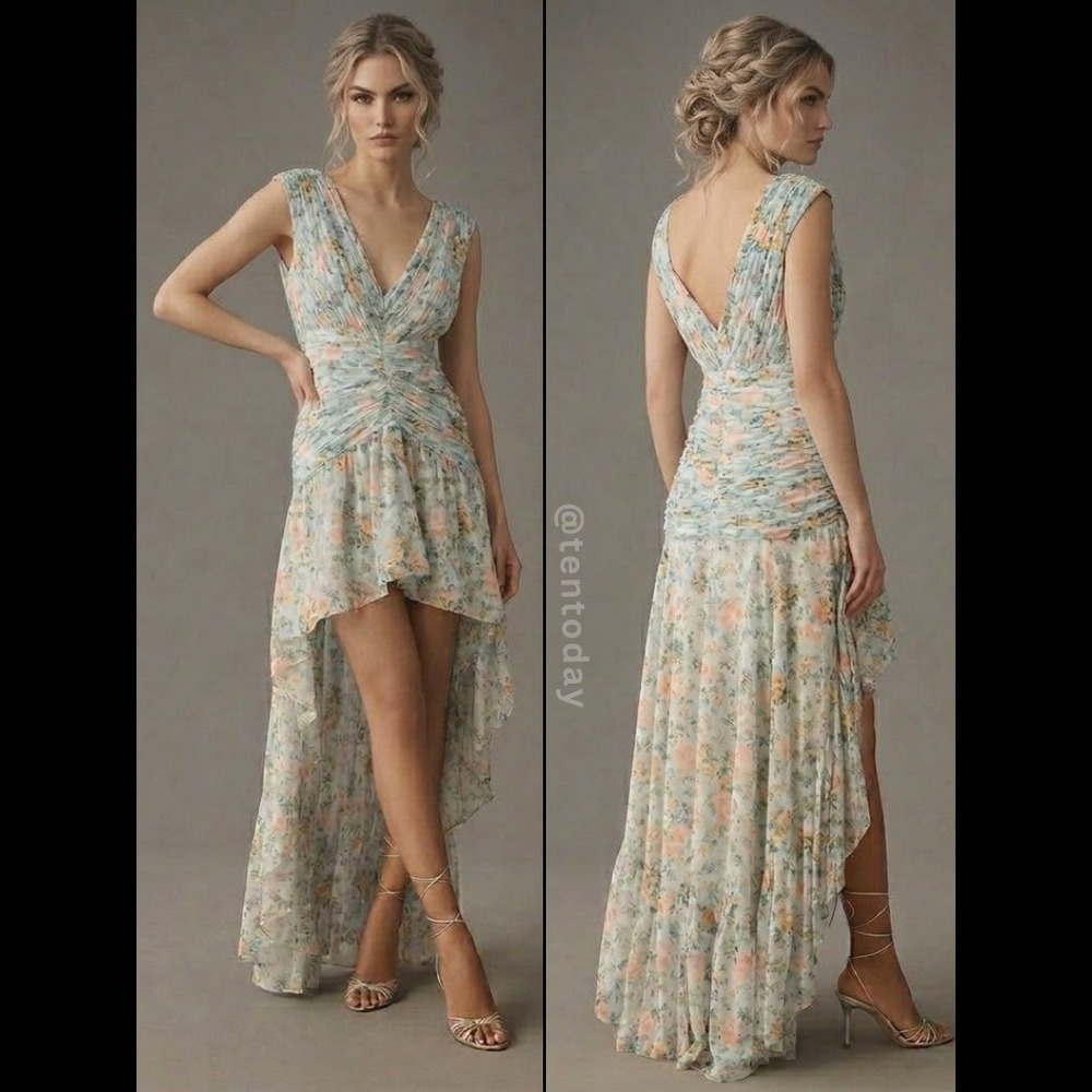 $398 Mac Duggal Size 12 Light Blue Floral Ruched Cap Sleeve High Low Gown Dress